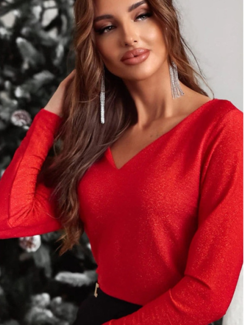 Charming Charlie Red Shimmer Knit Open Back Black Bow Sweater Small